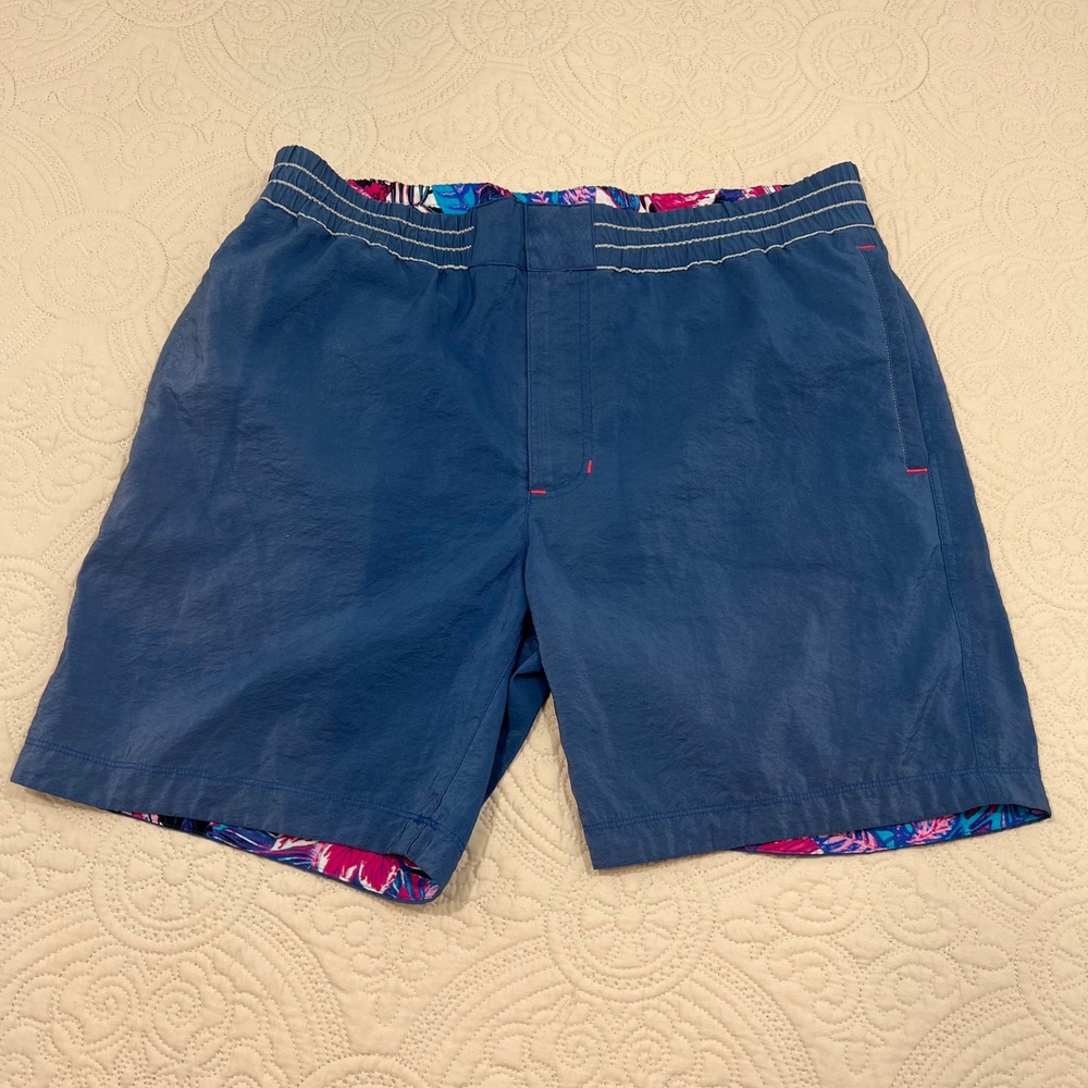 Robert Graham Mens Blue Swim Trunks Board Shorts Floral Trim Pinup Lining Sz 36